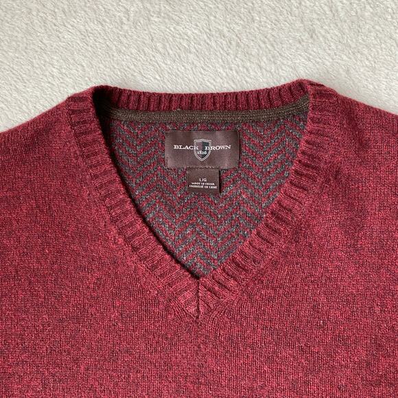Black Brown 1826 Wool Blend Elbow Patch V-neck Sweater Men Size L Burgundy Gray - Picture 4 of 8